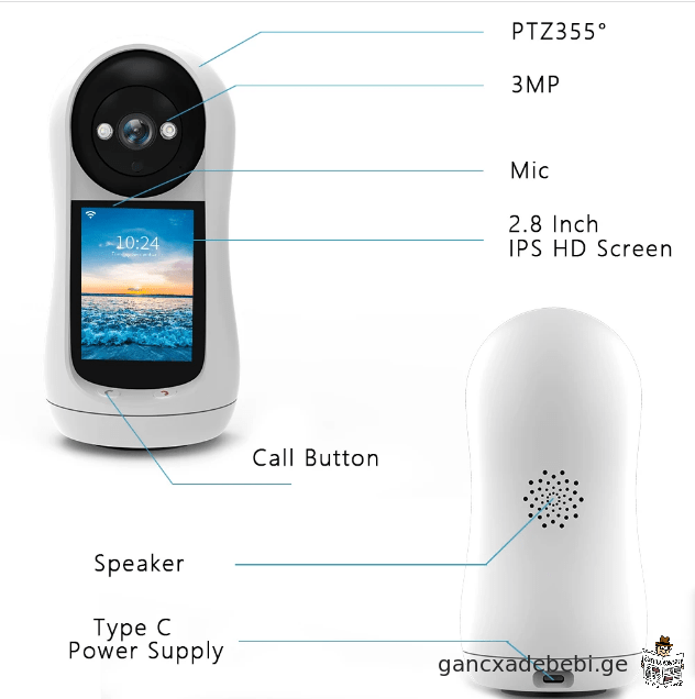 usafrTxoebis IP kamera 3MP Wifi kameriT video zari 2.8 diumiani IPS ekraniT