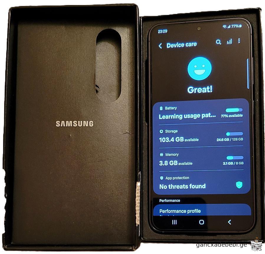 Samsung Galaxy S23 5G 8GB/128GB (USA), შავი, ეკრანზე დამცავი ბრონით, ყუთით, 10 დღის ნახმარი