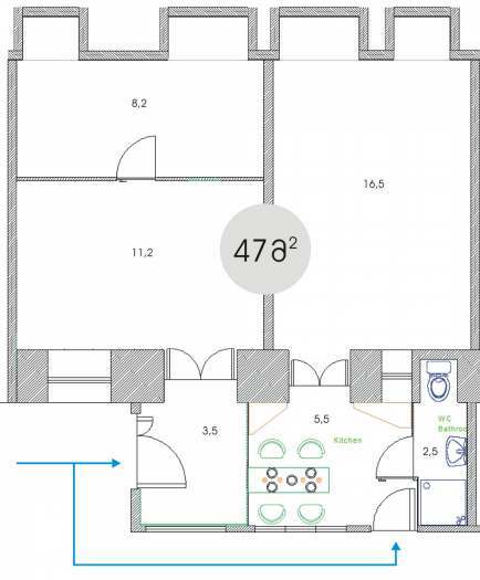 For rent - 2 room apartment, Downtown, Vera