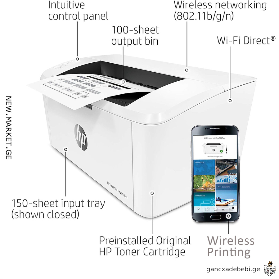Wireless printer HP LaserJet Pro M15w Hewlett original cartridge HP 44A HP CF244A cable power USB