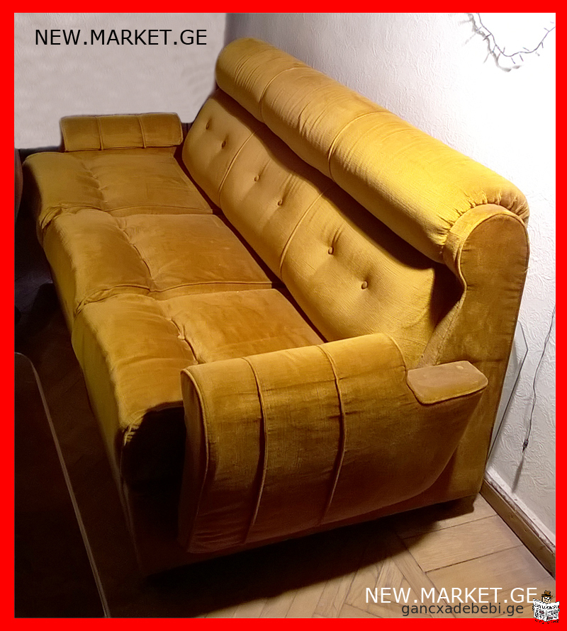 Yugoslavian upholstered furniture: two 2 armchairs, sofa + magazine table coffee table, set triple