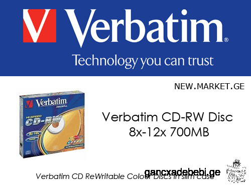 mravaljeradi Caweris diskebi Verbatim 8x-12x CD-RW / Verbatim 8x-12x CD Rewritable, axali (sufTa)